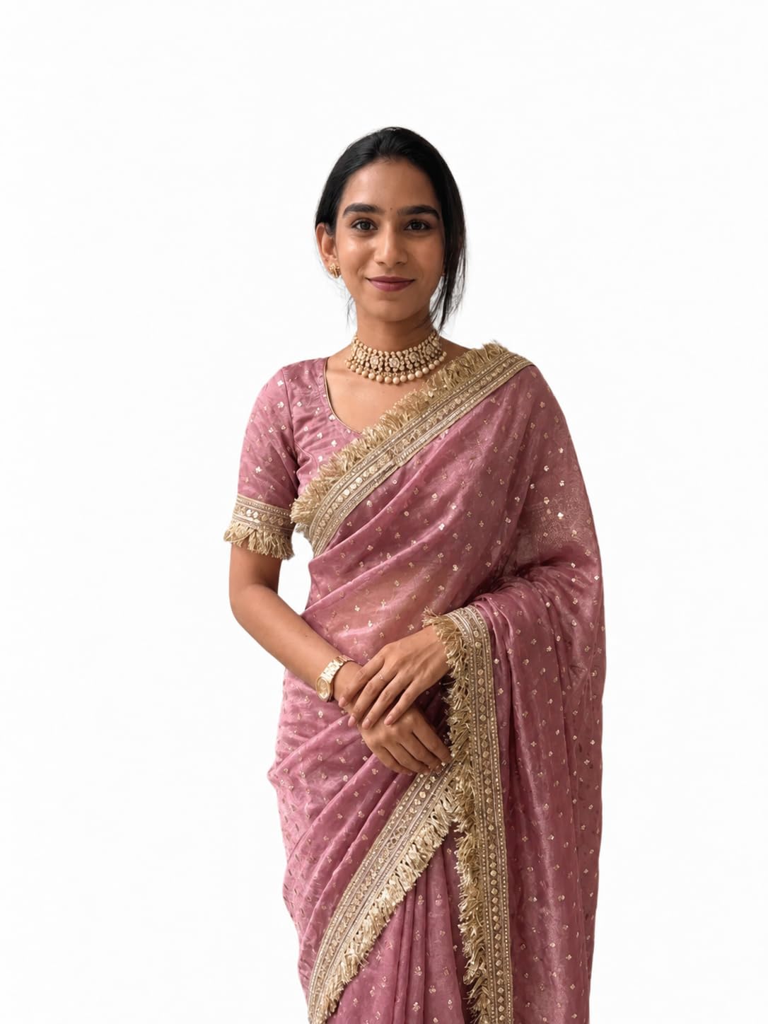 Women`s Soft Sequinned Tissue Silk Saree With Designer Lace Border | Light Weight Party Saree With Unstitched Blouse Piece (Light Pink)-image-17