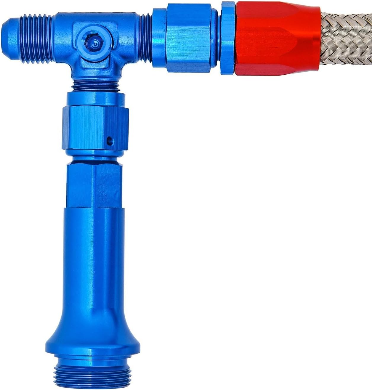 JEGS Dual Feed Fuel Line | Fits Holley 4150 Carburetors | Braided Stainless Steel Hose | 3/8 � Inlet | Includes 7/8"-20 O-Ring Connectors | Red/Blue Fittings | Made In USA | Includes Gauge
