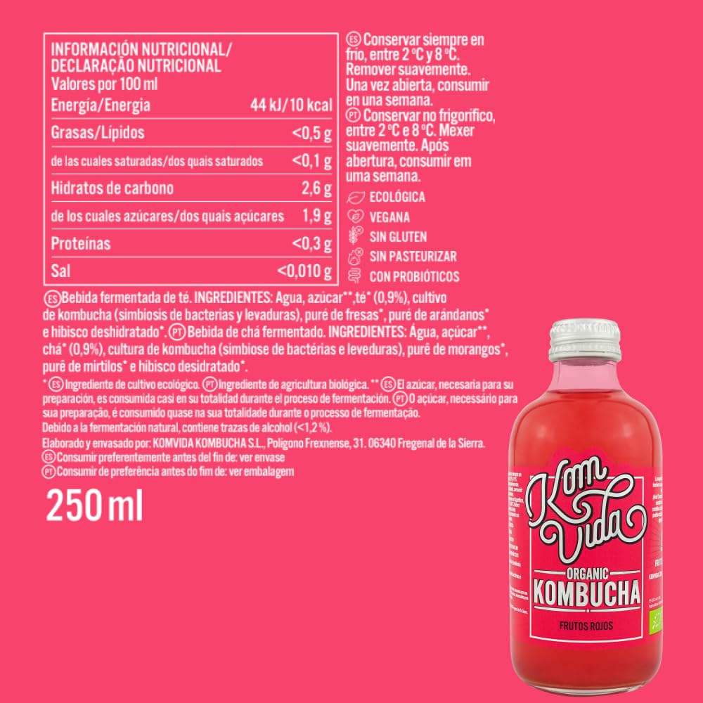 Té kombucha. Komvida. Kit multisabor. 12 botellas de kombucha orgánica. 250 ml. Envío en frío.
