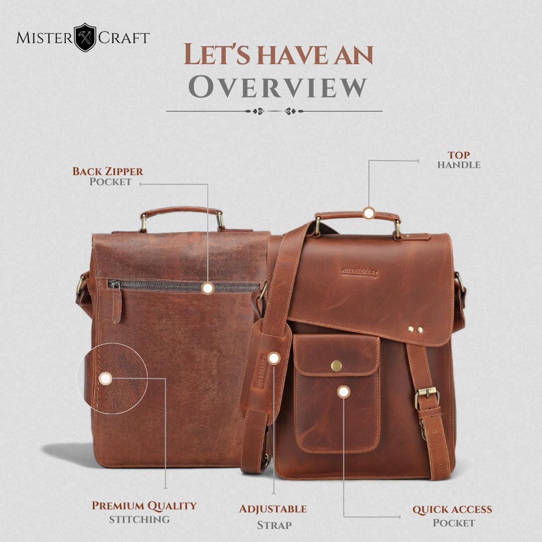 MISTERCRAFT Men’s Genuine Leather Side Sling Bag | Tan Textured Waterproof Crossbody with Padded iPad Sleeve, Multiple Compartments & Magnetic Flap Closure 1