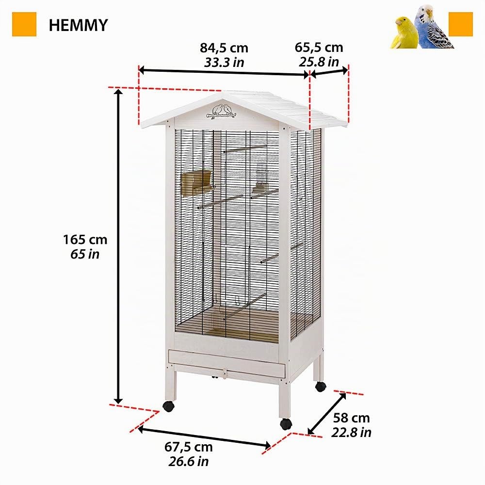 Ferplast Jaula para Pájaros, Aviario HEMMY Jaula Grande Pájaros, Canarios, Periquitos, Cotorras, Agapornis,Jaula de Madera, Todos los Accesorios Comedero Perchas Ruedas, 84.5 x 65.5 x h 165 cm.