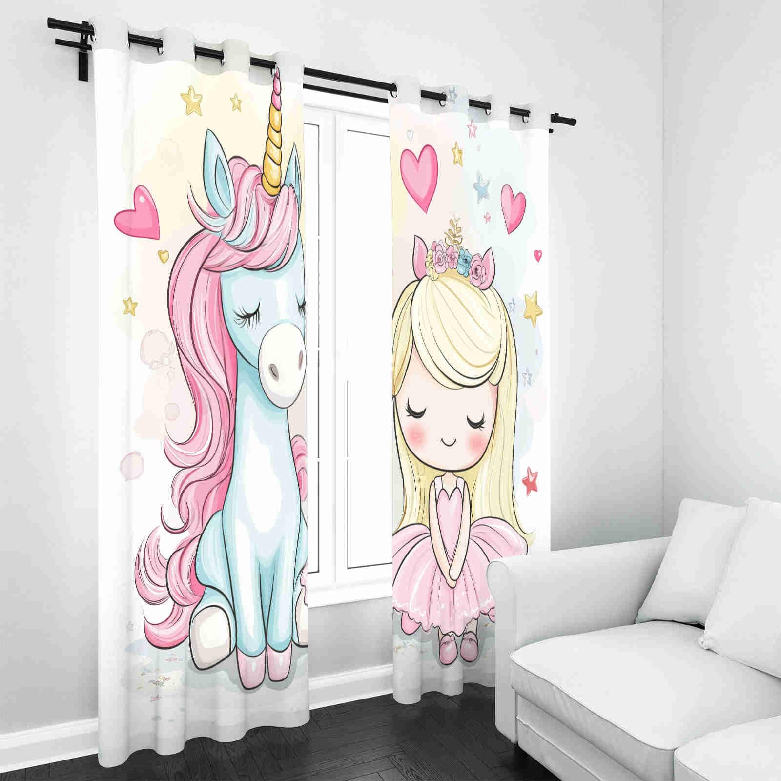 Rideau Occultant à Oeillets Mignon Licorne Lot de 2 Rideaux Thermique et Isolant Phonique Dessin Animé Princesse Idéal pour la Décoration de Salon, Chambre à Coucher, 110 x 215cm