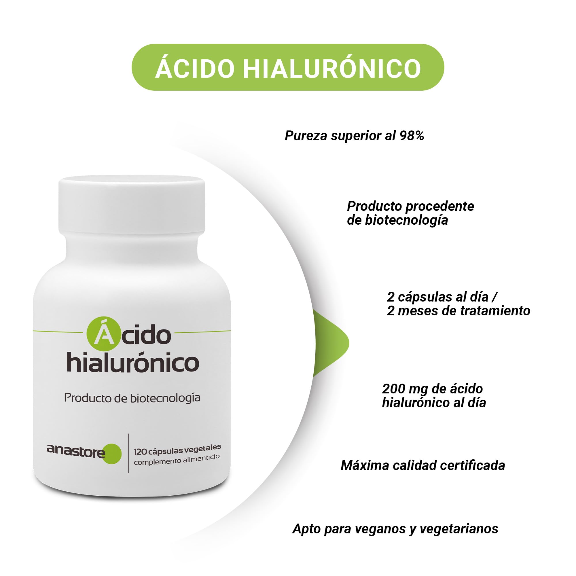 ÁCIDO HIALURÓNICO, producto de biotecnología * 100 mg / 120 cápsulas vegetales * Pureza garantizada al 90% como mínimo * Calidad controlada por certificado de análisis