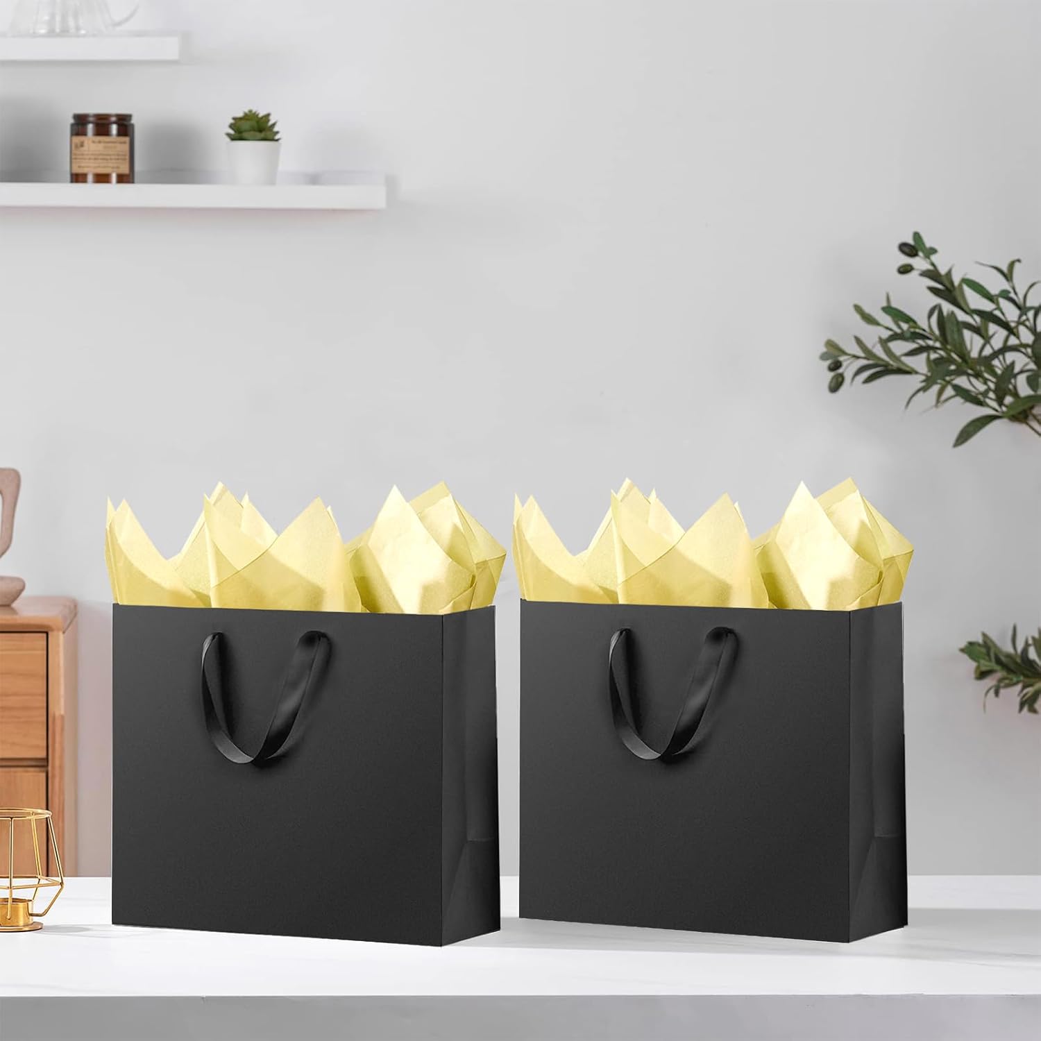 OfficeCastle 4 Pack Black Paper Gift Bags, XL 16x6x12 inch Bags with Handles and 10 Gold Tissue Sheets, Luxury Shopping Bag for Holiday Gifts, Retail, Boutique, Party Use (XL, 4pcs) - Image 4