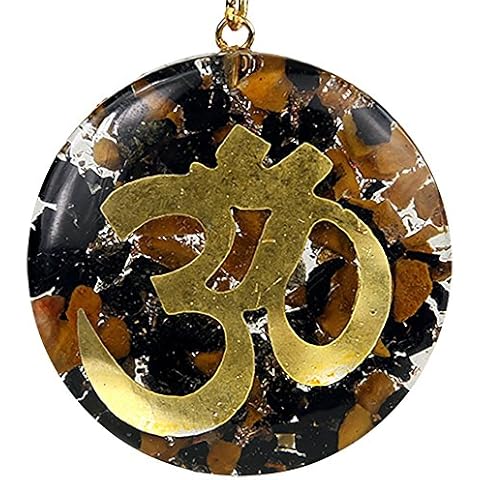 Space of Silence Orgone Pendant OM, Size of Pendant 4 cm x approx. 0.7 cm, with 1 m Wax Cord 1 mm Thick in Small Tin with 5 Language Folder and Brocade Bag, Various Designs Tourmaline & Jasper Cover