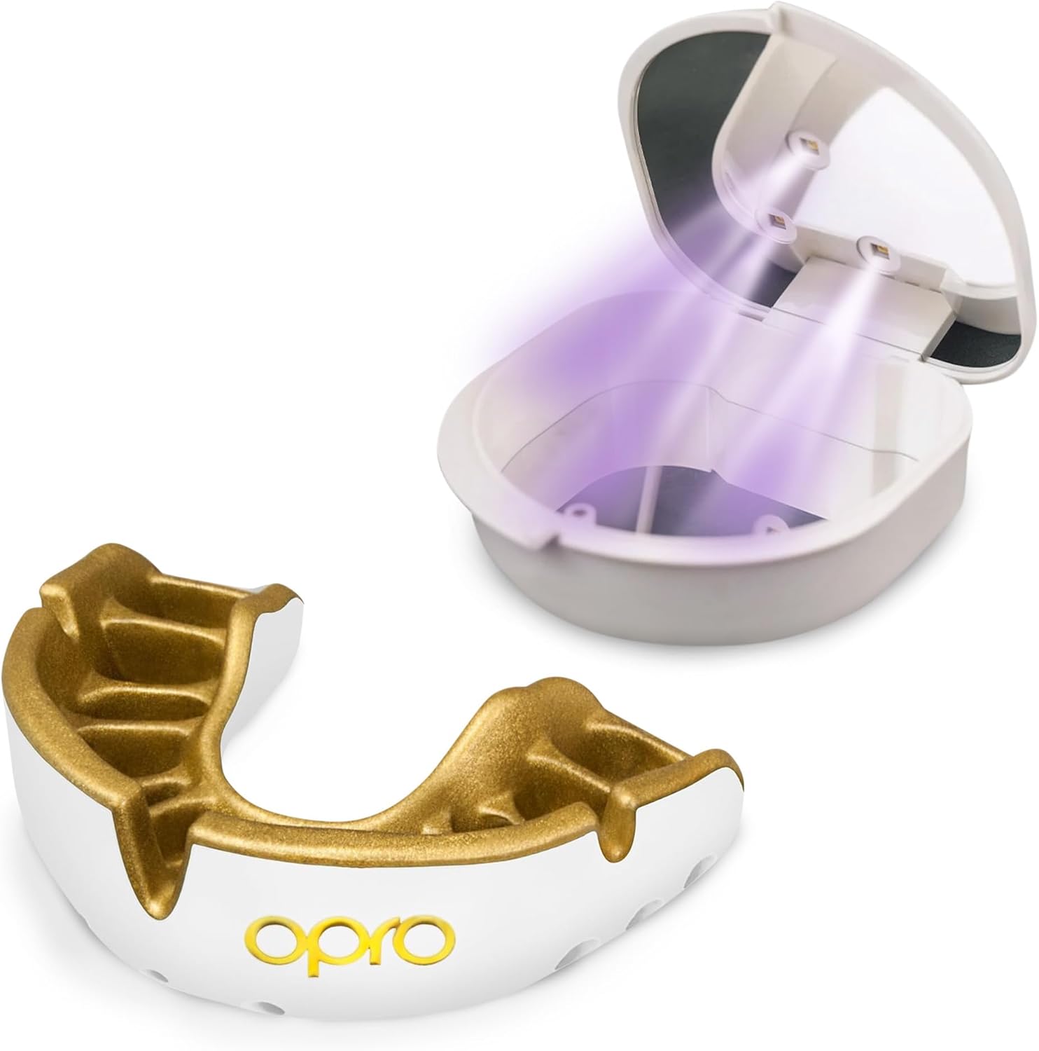OPRO Gold Level Mouth Guard (Adult, White/Gold) & UV Cleaning Case (White) – Dentist-Level Comfort, Protection, & Disinfection for Sports – Includes Case, Rechargeable, Compact & Lightweight
