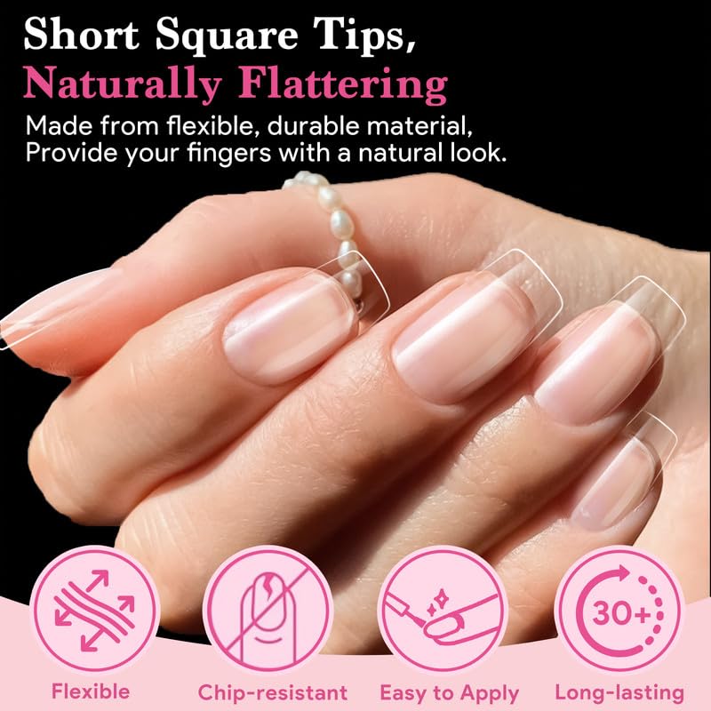 Image of Short Square Nail Tips, 510 Pcs Clear Half Matte, 15 Sizes | 510 PCS clear short square tips with half-matte full cover, pre-shaped for frequent salon or home use.