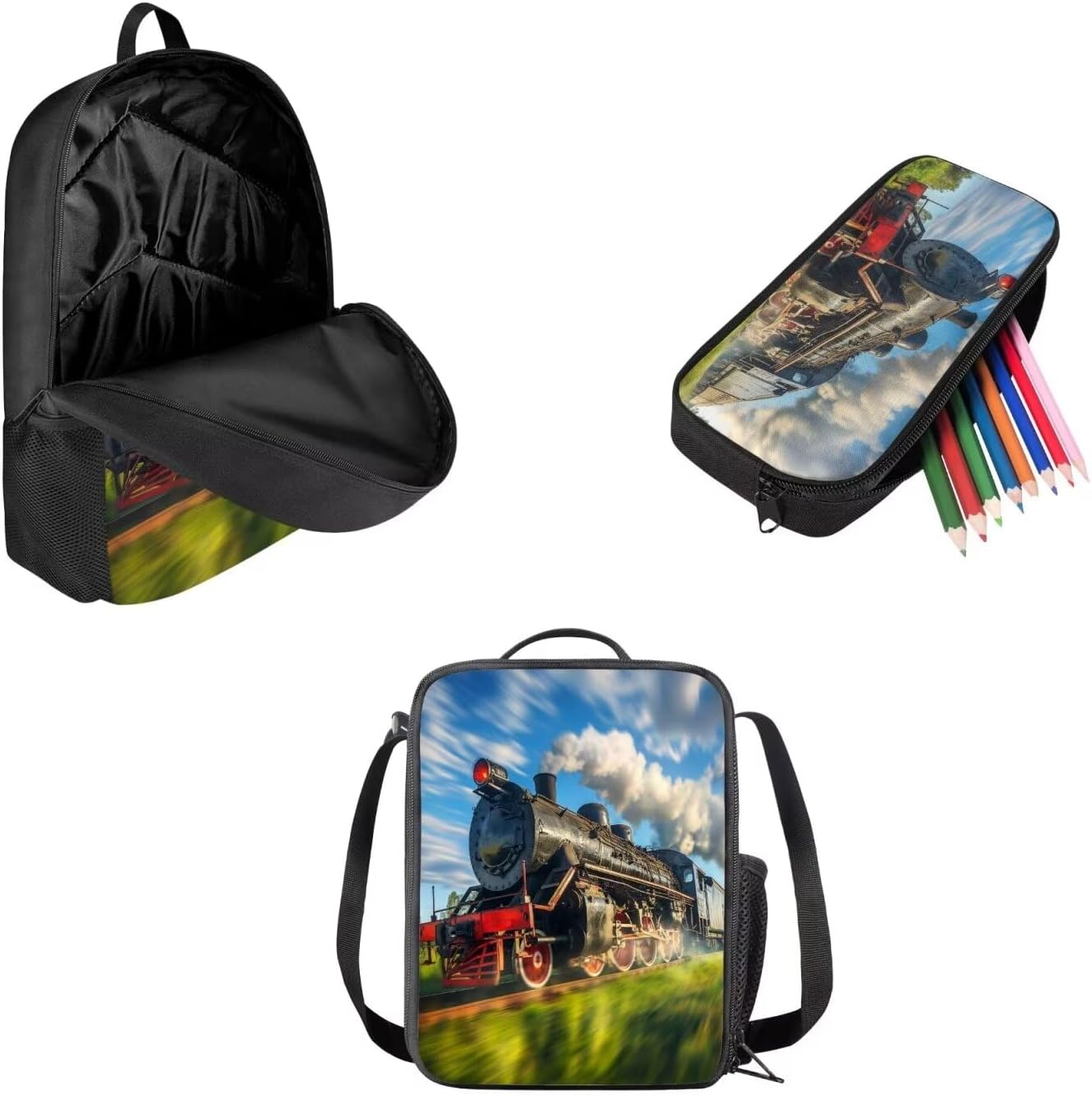 Train School Backpack Bag School Gift for Children 3Pcs Pencil Box Lunch Box Train Pattern