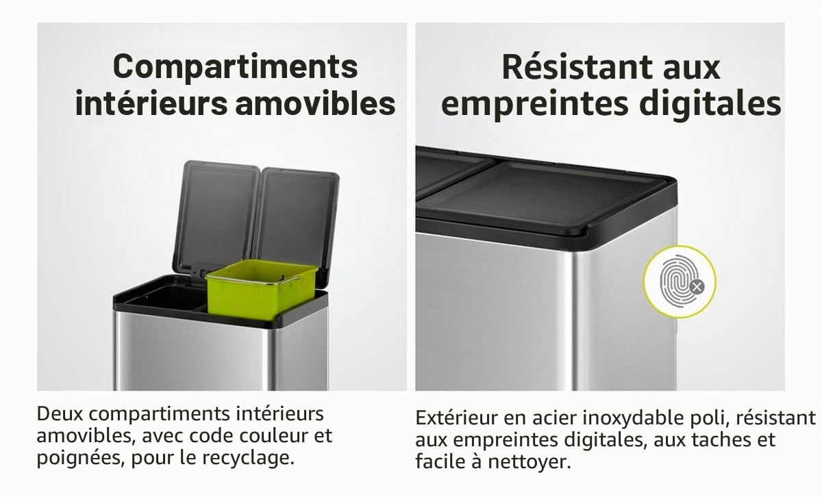 EKO Poubelle Cuisine Double Tri 2 Compartiments 20L + 20L | Acier Inoxydable Anti-Traces avec Pédale | Fermeture Silencieuse | sous Évier Compact Double