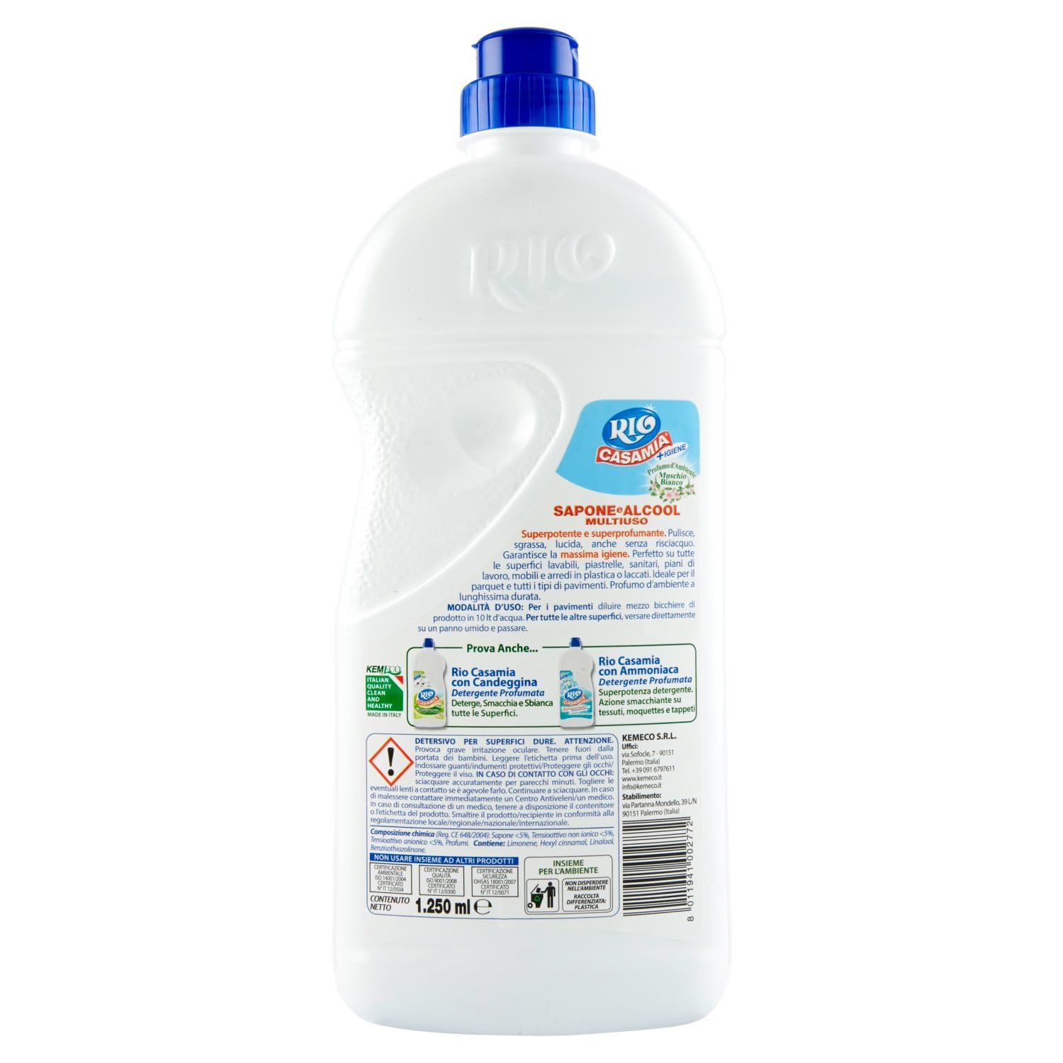 9x Rio Casa Mia Muschio Bianco - Super Igiene Detergente per Pavimenti e Superfici - 1250ml + Portachiavi Beni Culinari in Omaggio