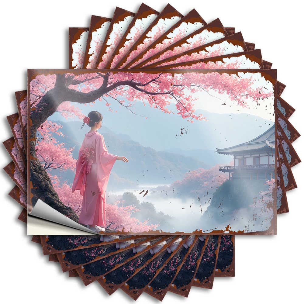 Cherry Blossom Serenity: A Woman in Traditional Kimono Amidst NAT Funny Bumper | Room Door Decor Waterproof Vinyl Tumbler Gamers Removable Decal Peel Stick(12X18CM)