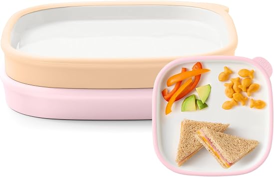Ello Clean Start Ceramic Toddler Plates with Sleeves, 2 Pack, Cashmere/Dune