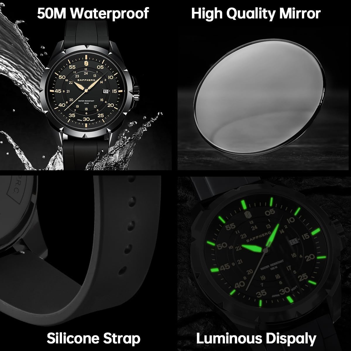 SAPPHERO Mens Watch 50M Waterproof Luminous Quartz Analog Watches with Date Display Casual Stylish Work Business Classic Silicone Strap Men's Wrist Watches Elegant Gifts for Men - Image 4