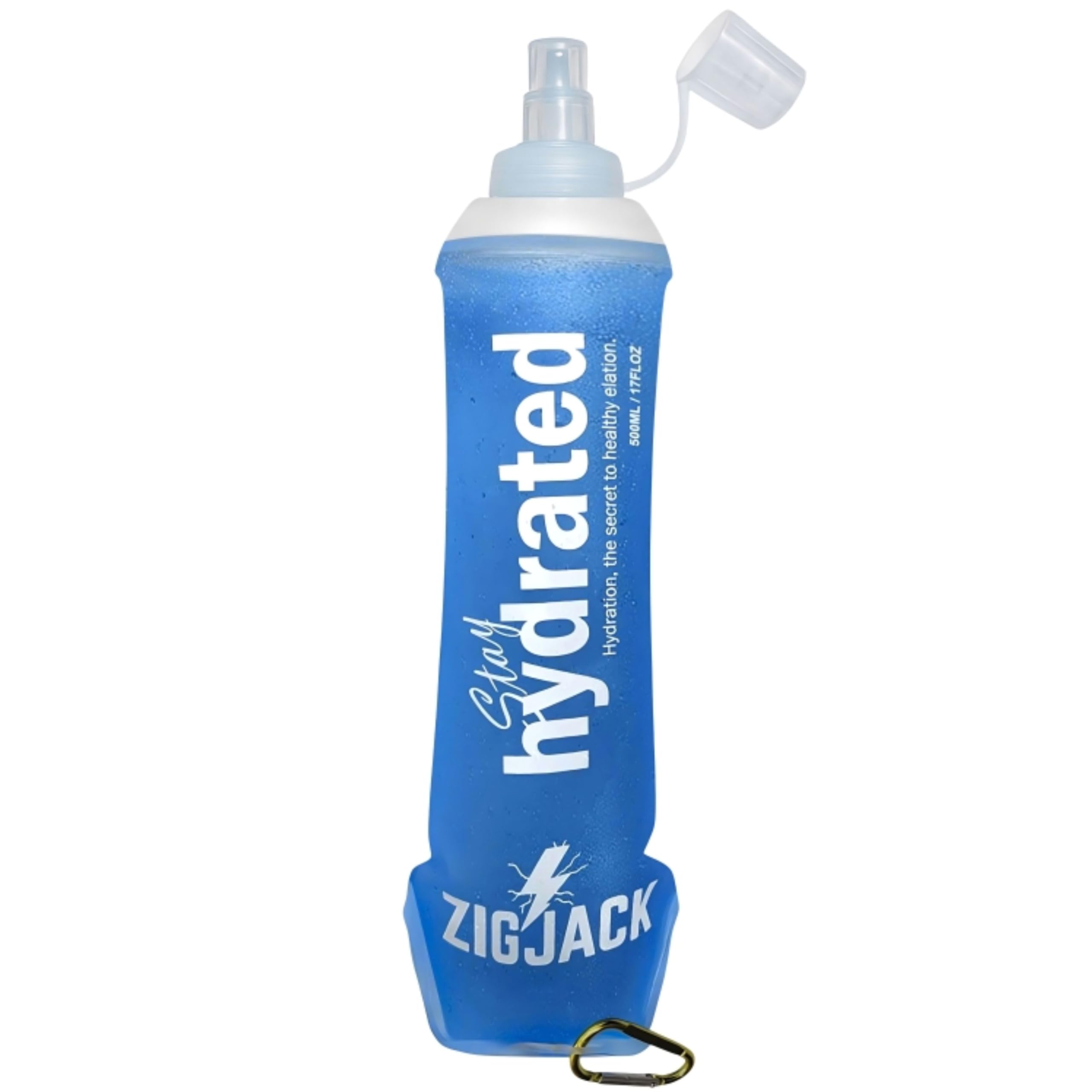 Zigjack 500Ml, 1Pcs, Blue Collapsible Water Bottle (1 Pack, 500 Ml) With Dust Cover & Carabiner - Hydration Soft Flask For Running Cycling Camping Hiking Sports Gym - Leakproof, Lightweight, Foldable Drinks Bottles