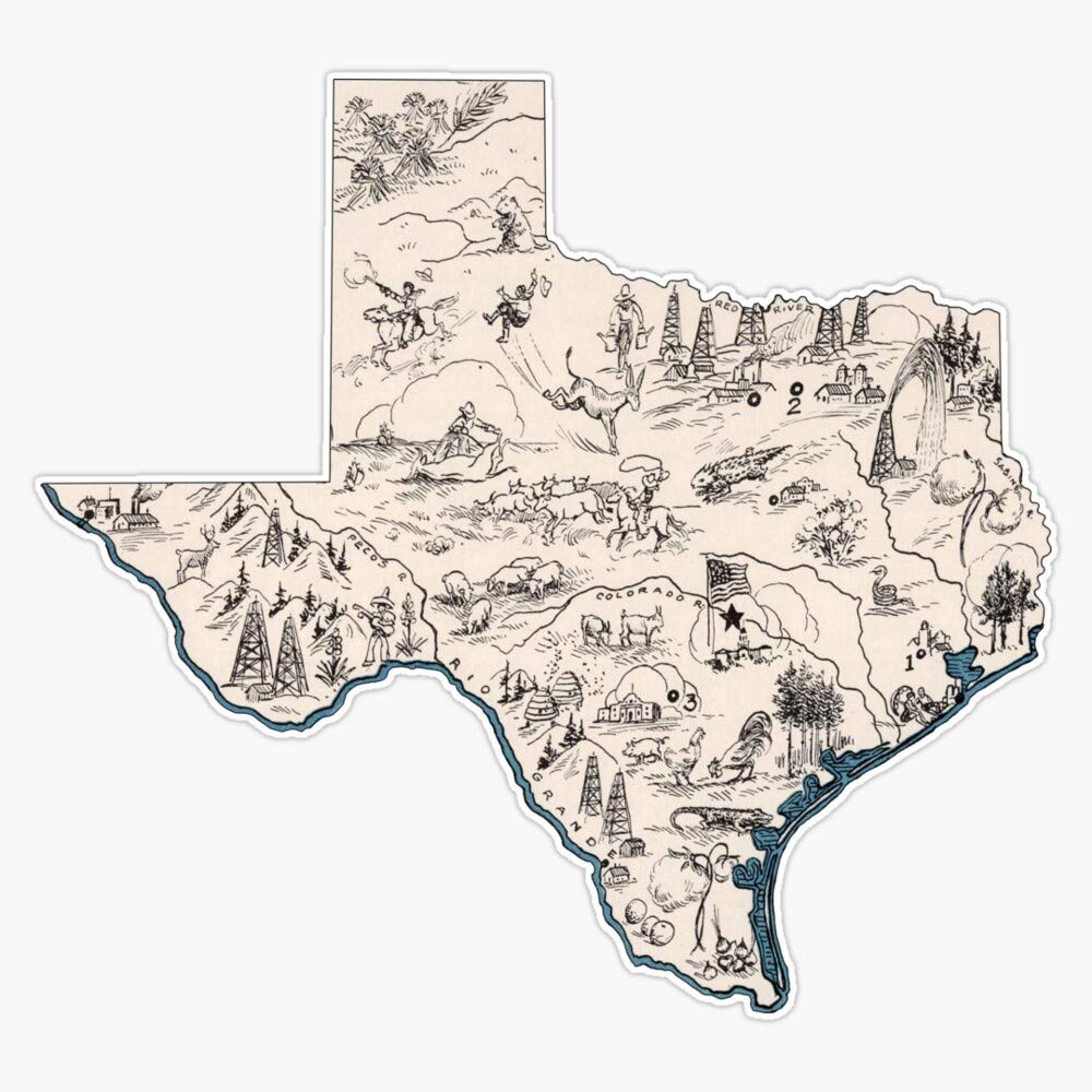 Texas Vintage Picture Map Bumper Sticker Window Vinyl Decal 5"