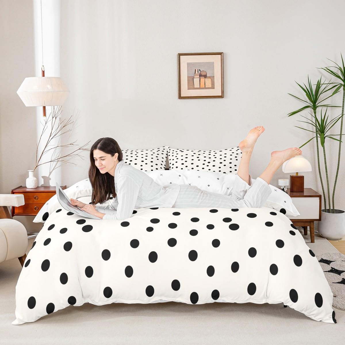 Erosebridal Cream Polka Dots Bedding Set Cute Beige Dot Comforter Cover Queen Size,Farmhouse Geometric Duvet Cover for Kids Boys Girls Adultscute Modern Geometric Bed Set,Cream Black