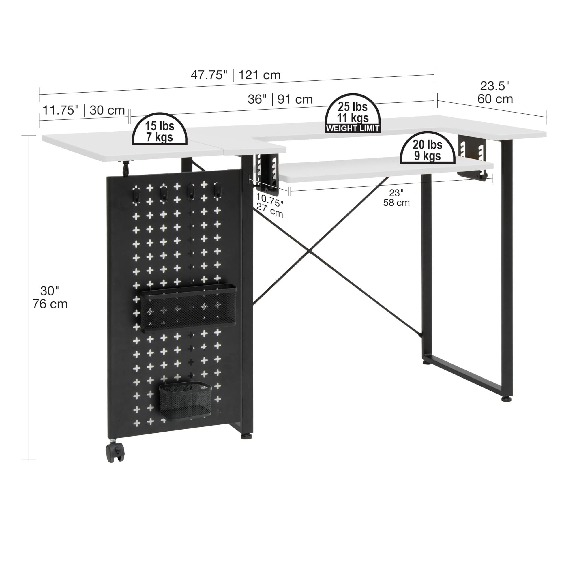 Sewing Online Table de Couture en Ligne avec Panneau de Rangement Pliable, Pieds Blancs/Noirs – Table pour Machine à Coudre avec Plate-Forme réglable, rallonge à abattant, Crochets de Rangement