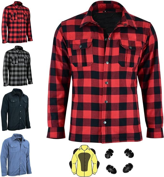 Camisa de moto para hombre fabricada con forro de fibra de aramida y protecciones blindadas extraíbles con certificación CE (EN 17092-3:2020) (FR/ES, Letras, M, Regular, Regular, Rojo y Negro)