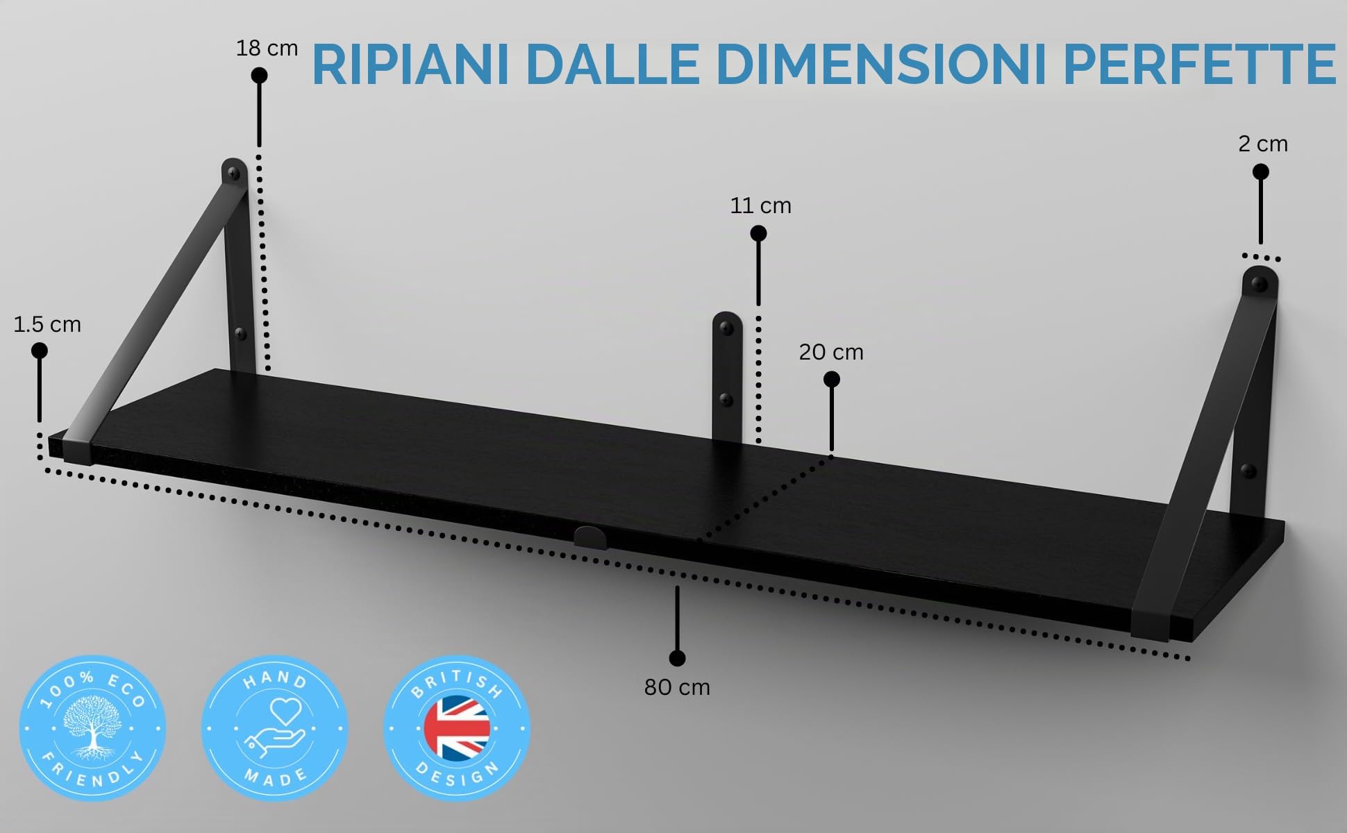 CASSA ZENO Mensole a Sospensione da Parete Set di 3, 80cm x 20cm Libreria per Camera da Letto, Soggiorno, Ufficio, Bagno, Cucina Rustico in Legno con Staffa in Metallo (Nero)