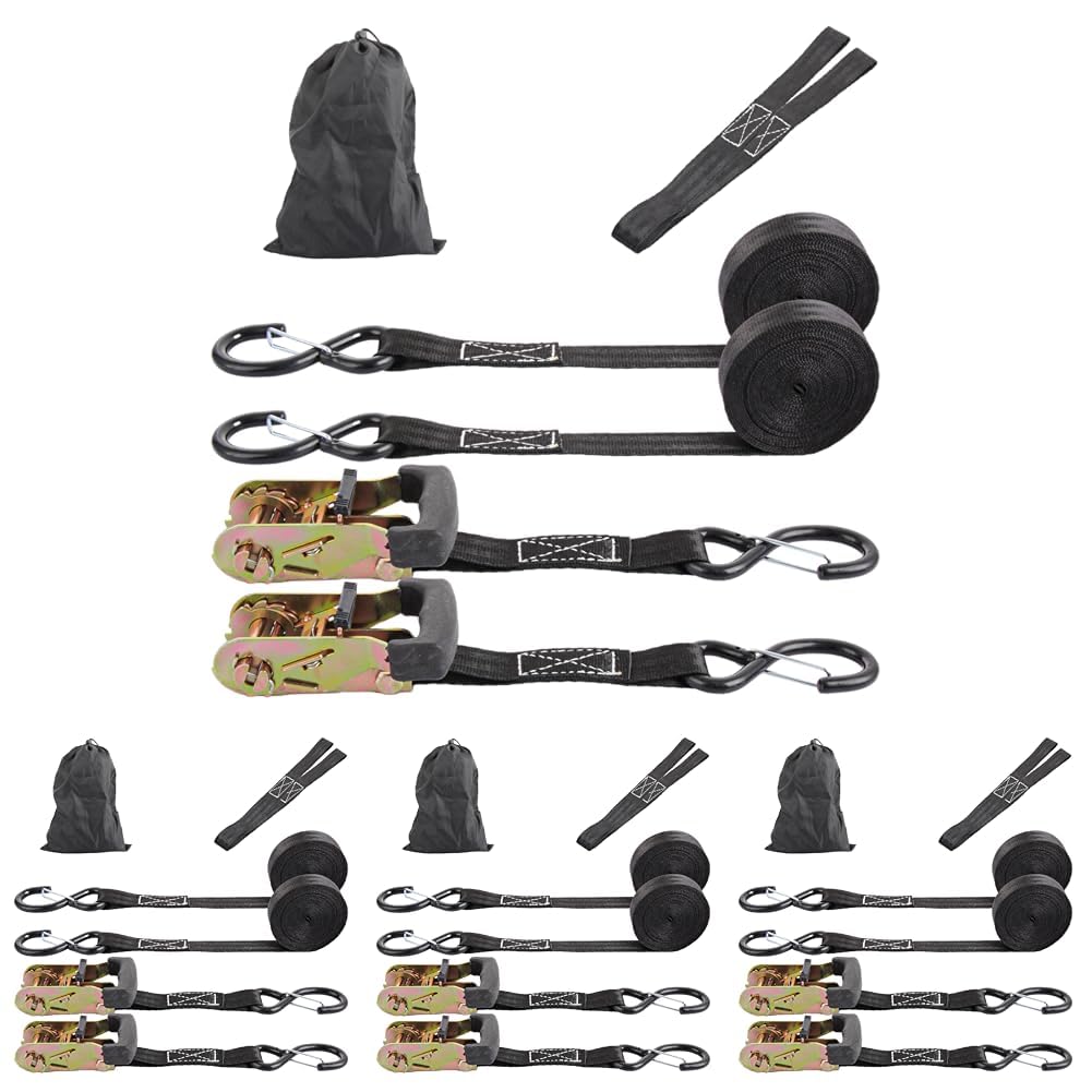 ASelected 2er Set Spanngurte mit Ratsche und Haken für Schwerlast 25 MM x 4.5 M Zurrgurte Spanngurte mit 2 Doppelschlaufen und Tasche für Gepäck Transporter Motorrad Umzugsgeräte - Schwar