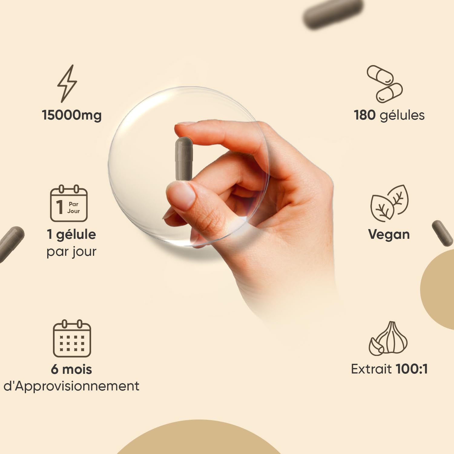 Ail Noir Fermenté 15000mg 180 Gélules Vegan, S Allylcystéine (SAC) Allium Sativum 100:1, Allicine Inodore et Saveur, Riche en Vitamines et Minéraux, Extrait d'Ail Noir Gélules (Garlic Capsules)