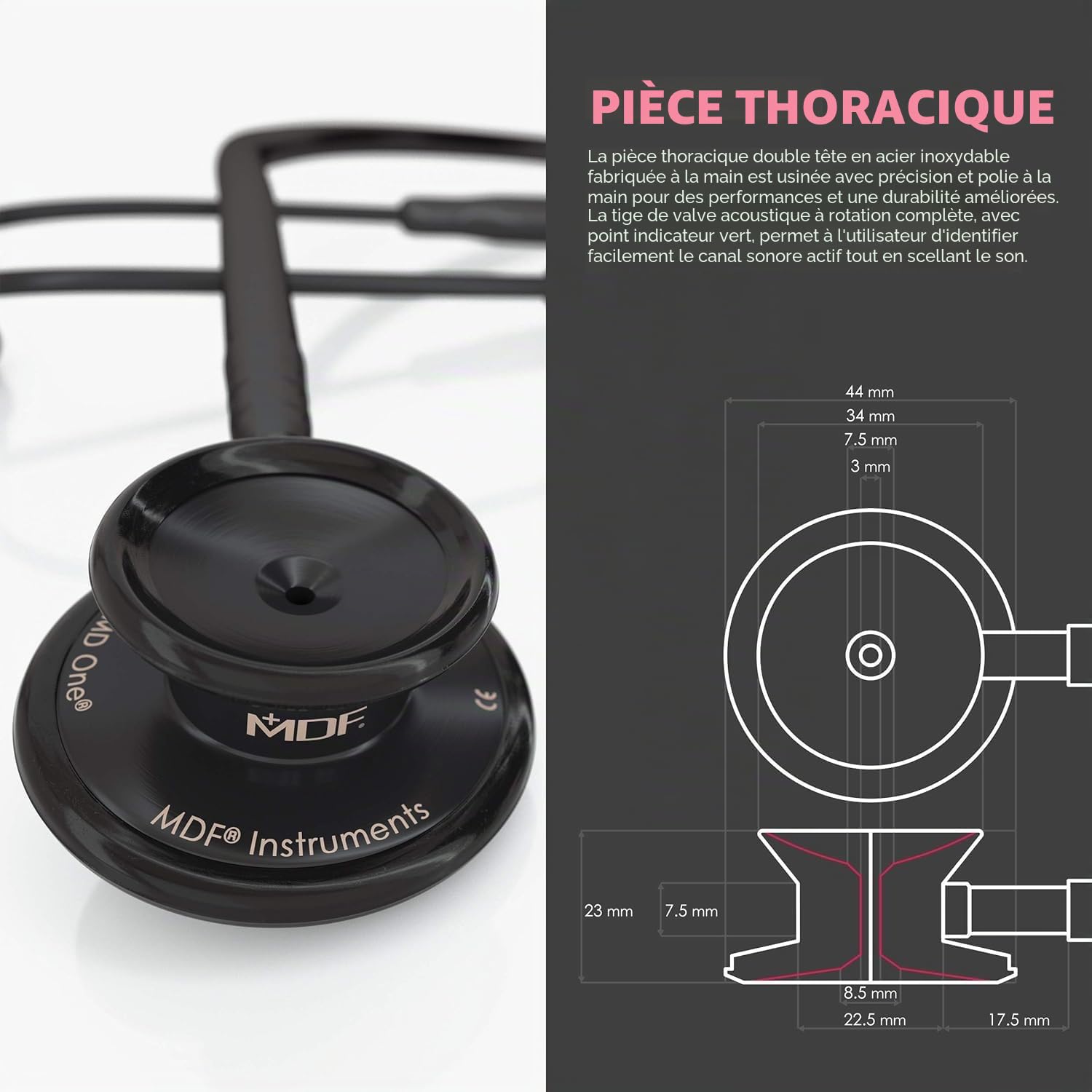 MDF Instruments - MD One - Stéthoscope - Pavillon Double - Acier Inoxydable - Noir BlackOut (MDF777BO)