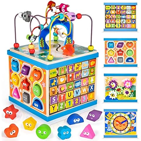 Wooden Activity Cube for 1 2 3 years old, XLarge 6 IN 1 Bead Maze, Shape Sorter, Learning Clock, Gear, Alphabet Blocks Wooden Activity Centre Toy Educational Montessori Toy Gift for Baby 1 year old Cover