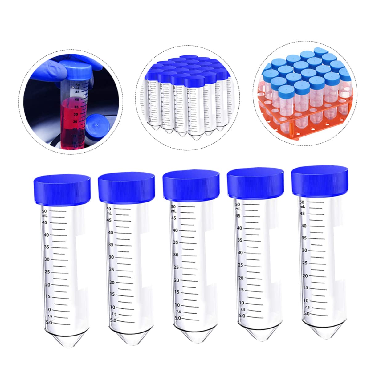 Cabilock Provette Centrifughe Coniche Blu 50ml in Plastica, 50 Pezzi | Scala Chiara, Tappi a Vite, Posizioni Ventilate e Chiuse, per Biologia Molecolare e Biochimica Colore Casuale