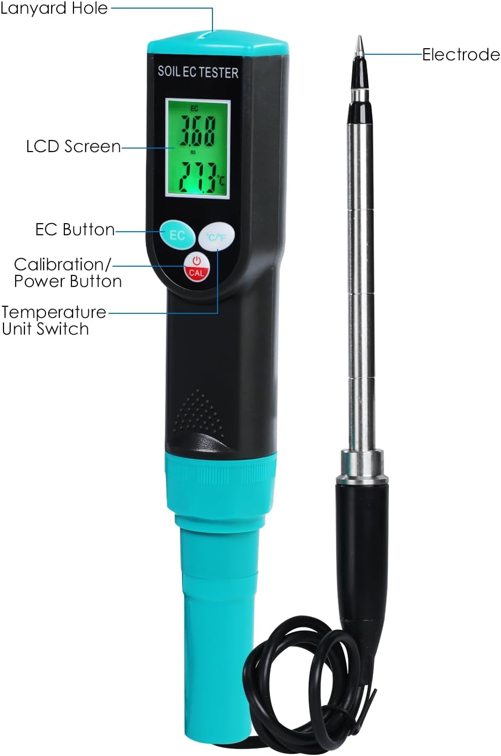 Soil EC & Temperature Meter, 2 in 1 Digital EC Meter with Automatic Temperature Compensation 0~50℃ Portable Soil EC Meter with Corded EC Sensor Electrode for Agricultural, Gardening, Plants