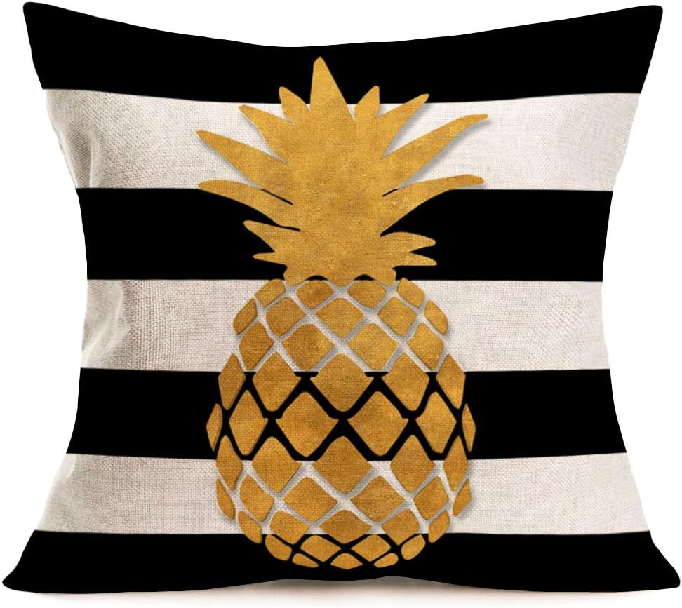 ShareJShareJ Tropical Gold Pineapple Summer Decorative Pillow Covers Black and White Stripes Background Cotton Linen Throw Pillow Case for Home Sofa Boudoir Decor 18x18 Inch Pillowcase 18'' x 18''