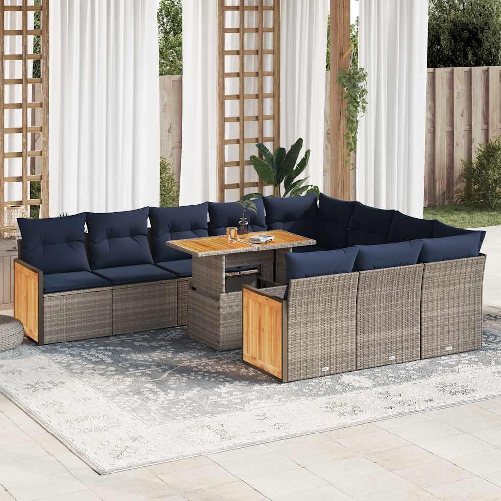 11-częściowy zestaw mebli ogrodowych, szary polirattan, akacja, zestaw mebli outdoorowych z poduszkami, schowkiem, modułowy design, na taras i balkon