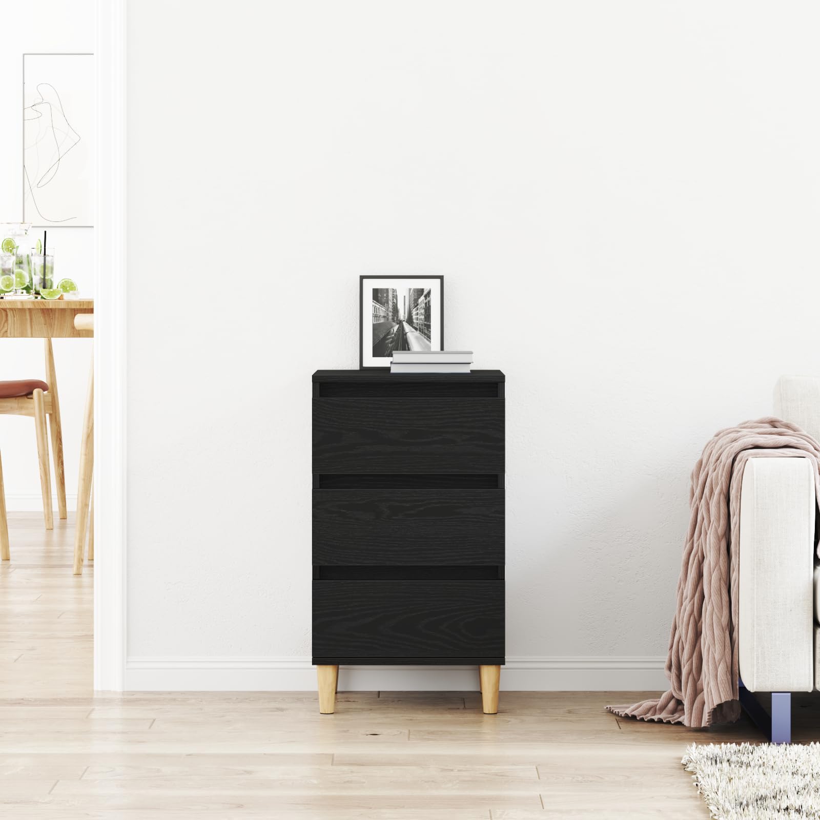 Moderner Nachttisch mit 3 Schubladen in schwarzem Eichenfinish - Robuster Holzwerkstoff, minimalistisches Design und praktischer Stauraum für Schlafzimmer, Wohnzimmer und Büro