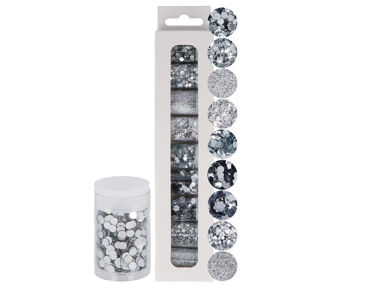 INNSPIRO Set 9 mini botes 4gr, purpurina surtido de formas plateada, 11162