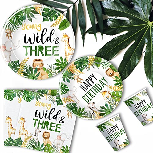Hipvvild Safari Jungle 3Rd Birthday Plates And Napkins Party Supplies For Kids - Young Wild And Three Decorations Tableware, Plate, Cup, Napkin, Wild Animal 3-Year-Old Birthday Decorations | Serves 24 #TOP3