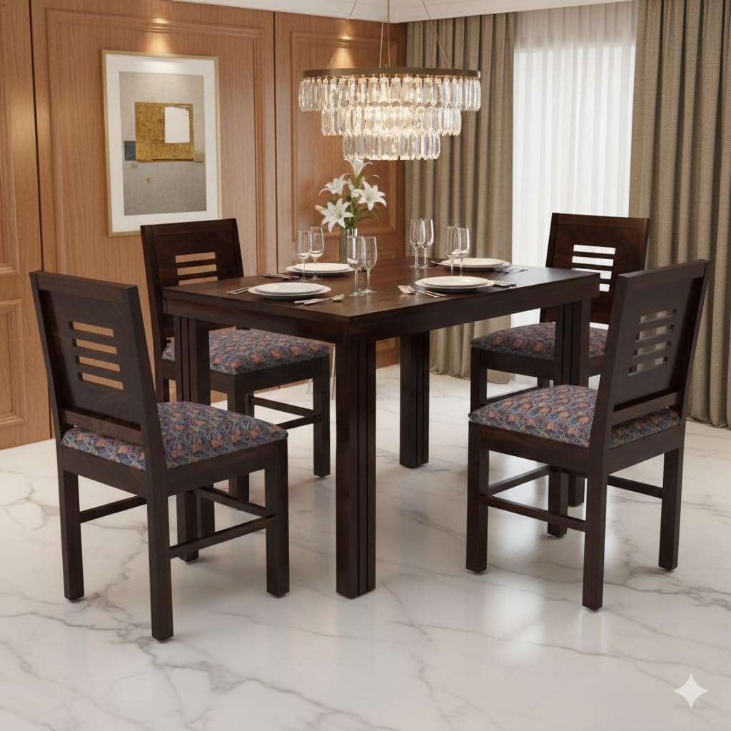 KENDALWOOD™ Furniture Sheesham Wood Dining Table (45x30 Inch) with 4 Chairs | Wooden Dining Table with Chair | 1 Year Warranty | Walnut Finish with Printed Cushions -DIY (Do-It-Yourself)
