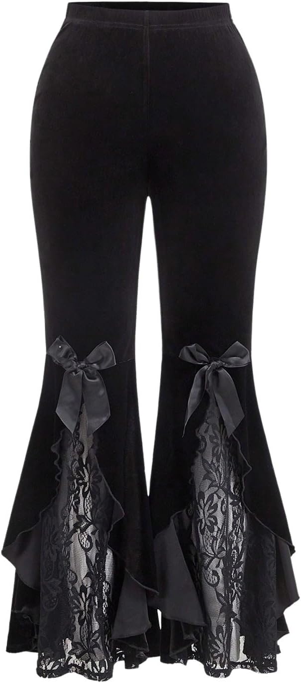 WDIRARA Women's Plus Size Velvet Lace Flared Pants High Waist Bell Bottoms Rave Trousers