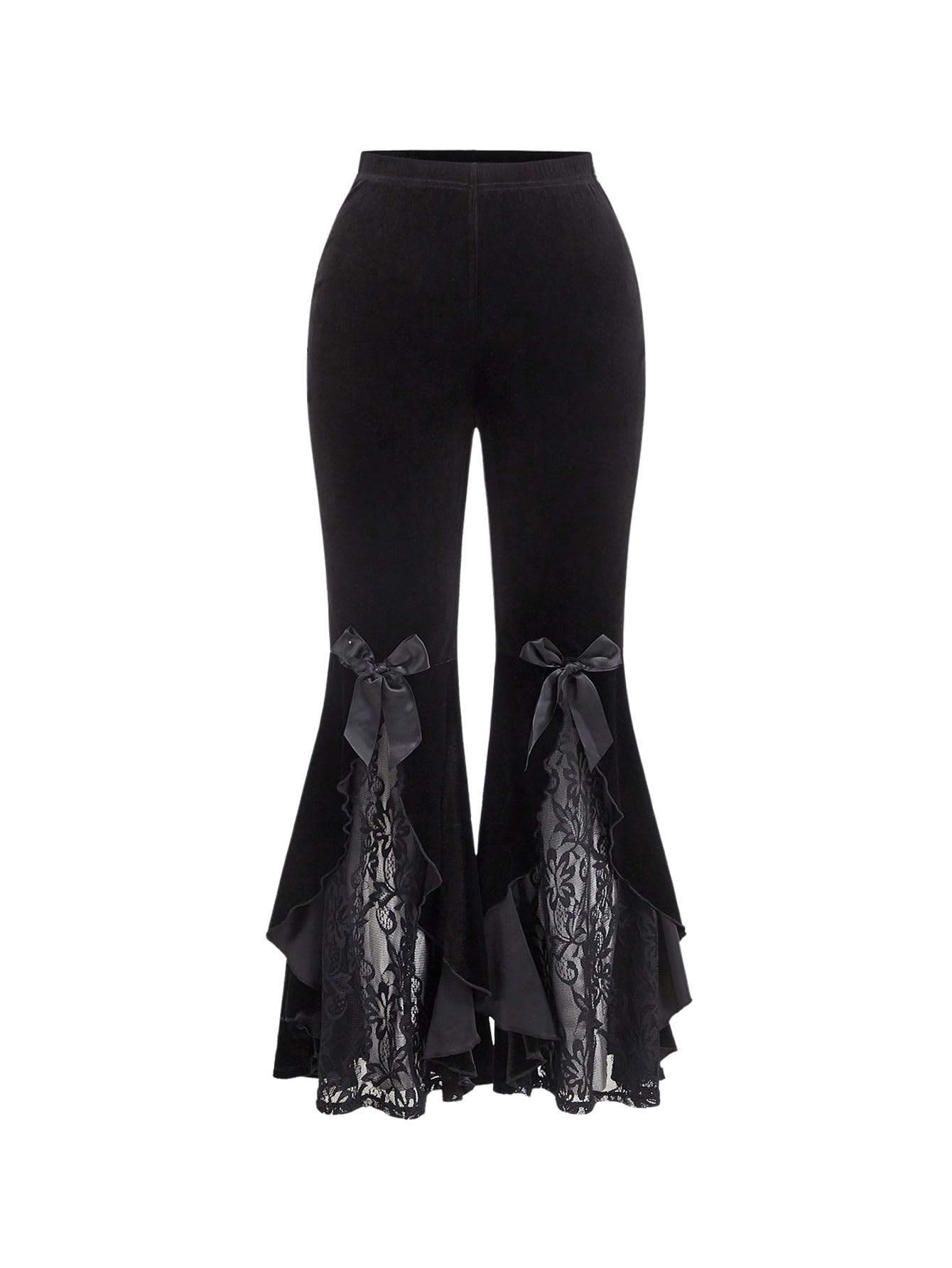 WDIRARA Womens Plus Size Velvet Lace Flared Pants High Waist Bell Bottoms Rave Trousers