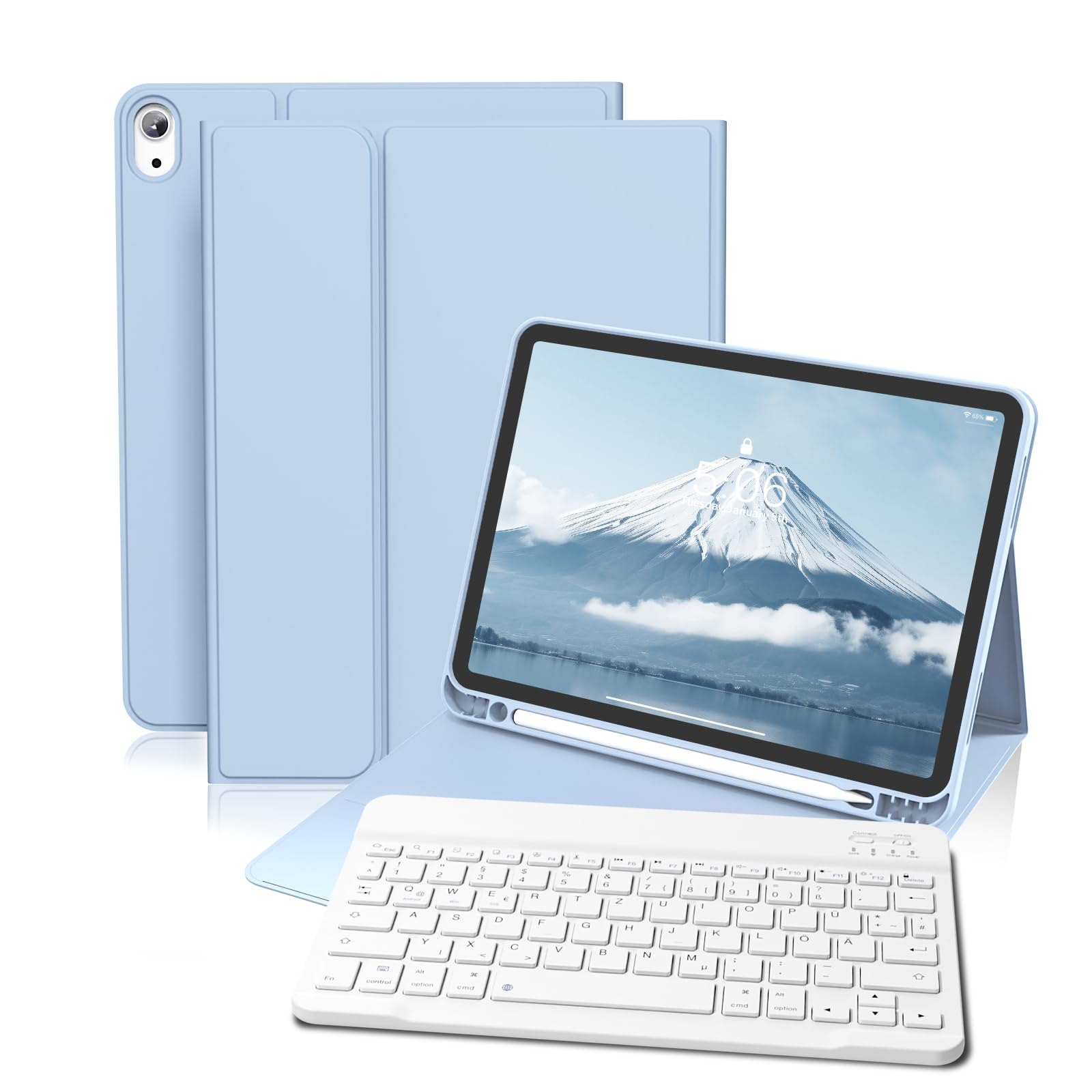 GKABXY Hülle mit Tastatur für iPad (A16) 10/11 Generation, 10.9/11 Zoll, (2022/2025), Soft TPU Rückseite Gehäuse mit Stifthalter, Magnetische Abnehmbar Bluetooth Tastatur, QWERTZ-Layout, Hellblau
