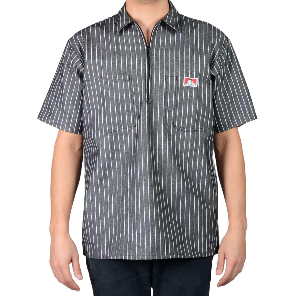 Ben Davis Men's Half Zipper Shirt, Butcher Block Stripe Black, Large