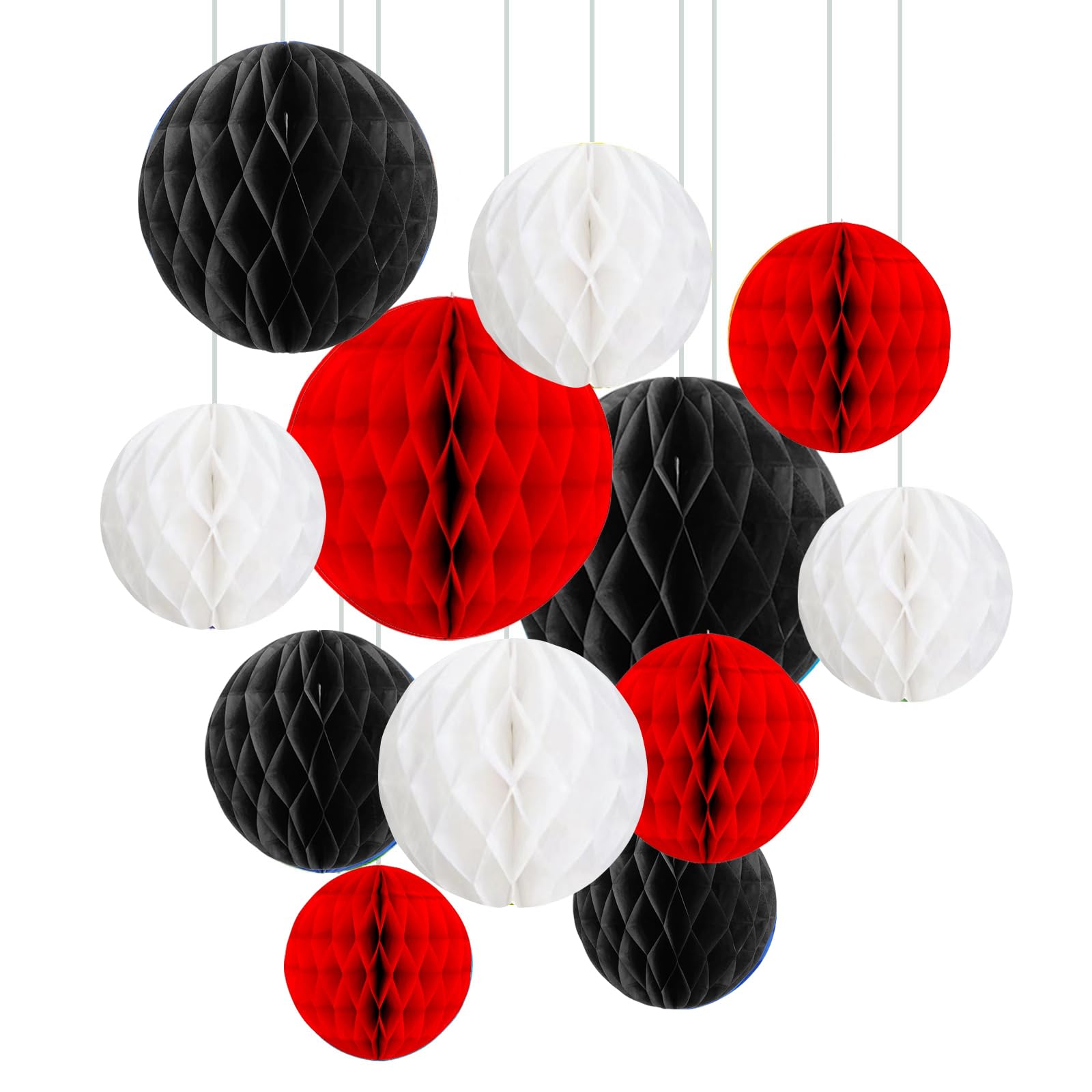 ZYOOO 12pcs Paper Honeycomb Balls, 15/25cm Tissue Paper Hanging Balls for Birthday Party,Christmas,Graduations,Wedding Decorations (Red,Black,White)