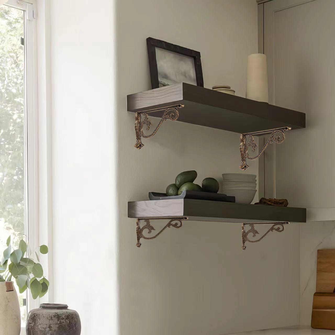 Decorative Shelf Bracket 8 inch, Matte Black Hammered Shelf Brackets for Shelving, Heavy Duty Vintage, DIY Projects, Hardware Included, 4 Pack