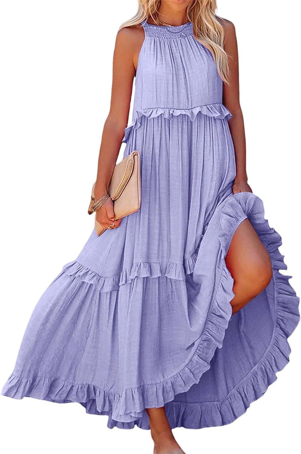 Thicc Women's Purple Flowy Ruffle Tiered Maxi Dress - Summer Boho Sleeveless Halter Tie Back Loose Fit Beach Long Swing Dresses Smocked Sundress For Cocktail Formal Wedding Guest (Xxl,)