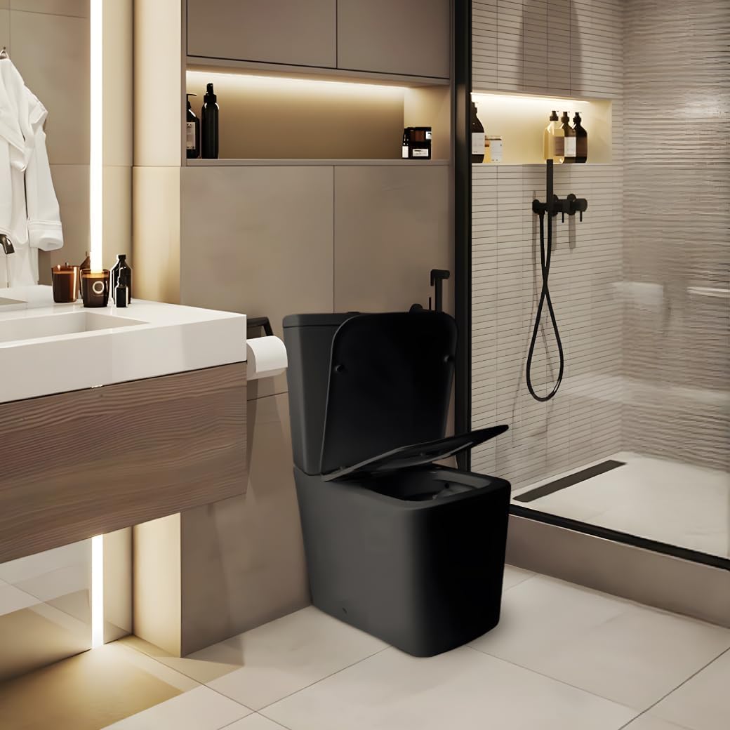 Inodoro Completo - WC Con Sistema Rimless Antibacterias - Vater Baño Con Tapa Dura Extrafina Amortiguada - Salida Dual - Para Hogar Color Negro