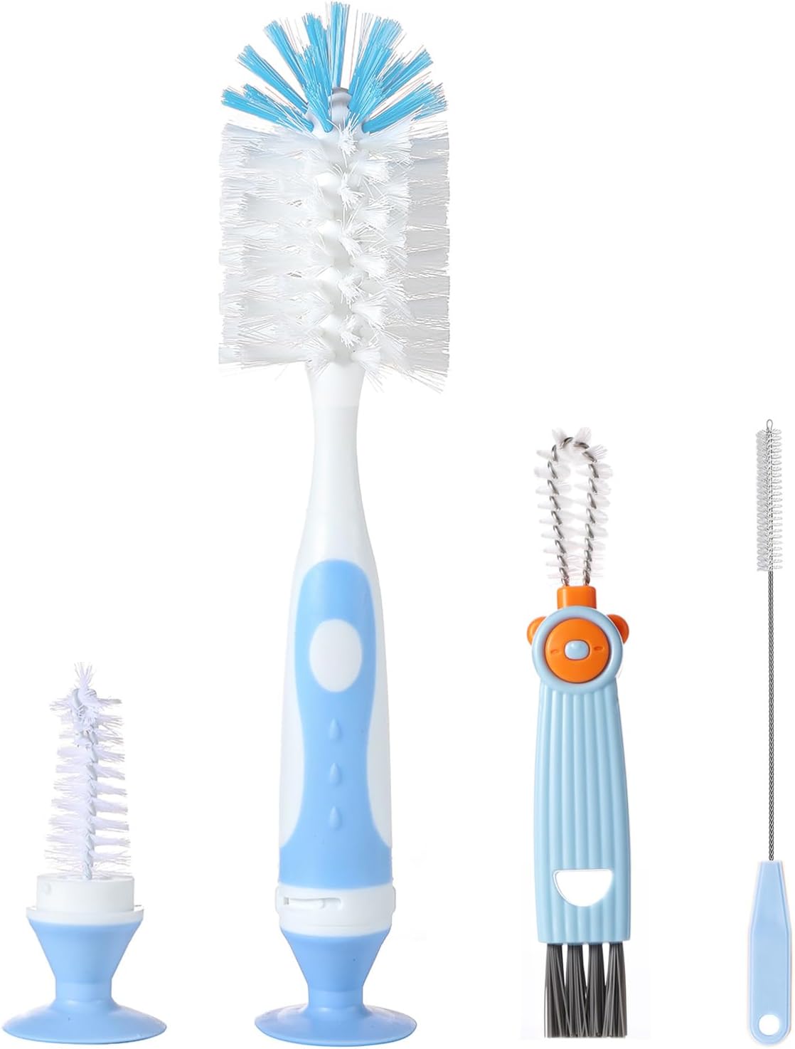 4-in-1 Baby Bottle Brush Set, Bottle Brush for Baby, Bottle Cleaner Brush Set, Including Nylon Bottle Brush, Bottle Cap Brush, Straw Brush, Nipple Brush, BPA-Free (Blue)