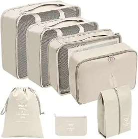 Kit Organizador de Malas para Viagem 7 Peças – Bolsas, Necessaire, Saco a Vácuo | Roupas, Sapatos, Maquiagem – Mala Organizada e Compacta – Ideal para Viagem e Bagagem de Mão (Bege)
