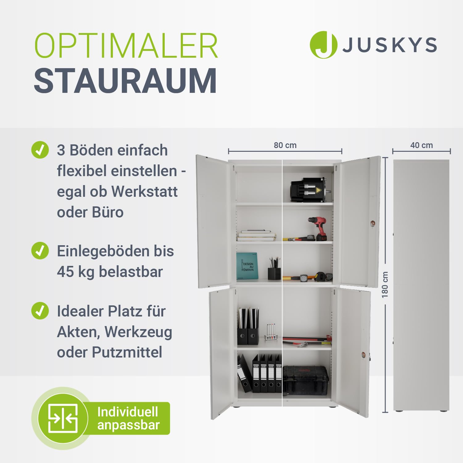 Juskys Aktenschrank aus Metall – 180x80x40 cm abschließbarer Büroschrank aus Stahl mit 3 verstellbaren Einlegeböden, höhenverstellbare Füße - Weiß