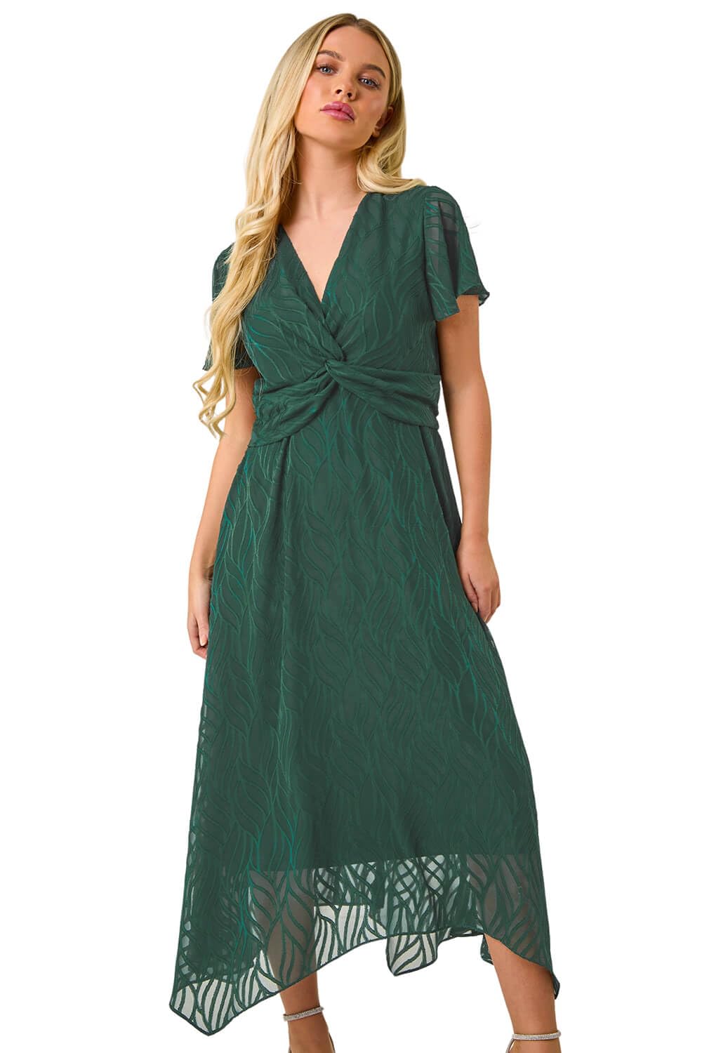 Roman Petite Women's Green Front Twist Jacquard Dress Size 18