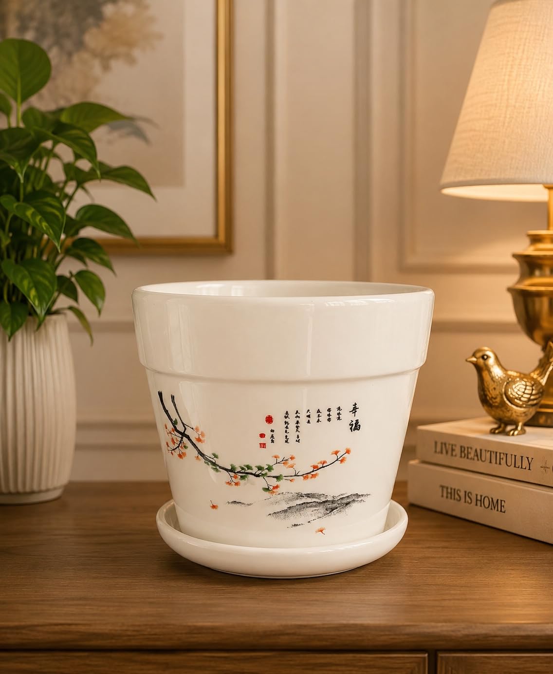 Ceramic Planter Pot with Attached Plate, White, Glossy Finish, Chinese Style, for Indoor Plants, Home and Office Decor-image-29