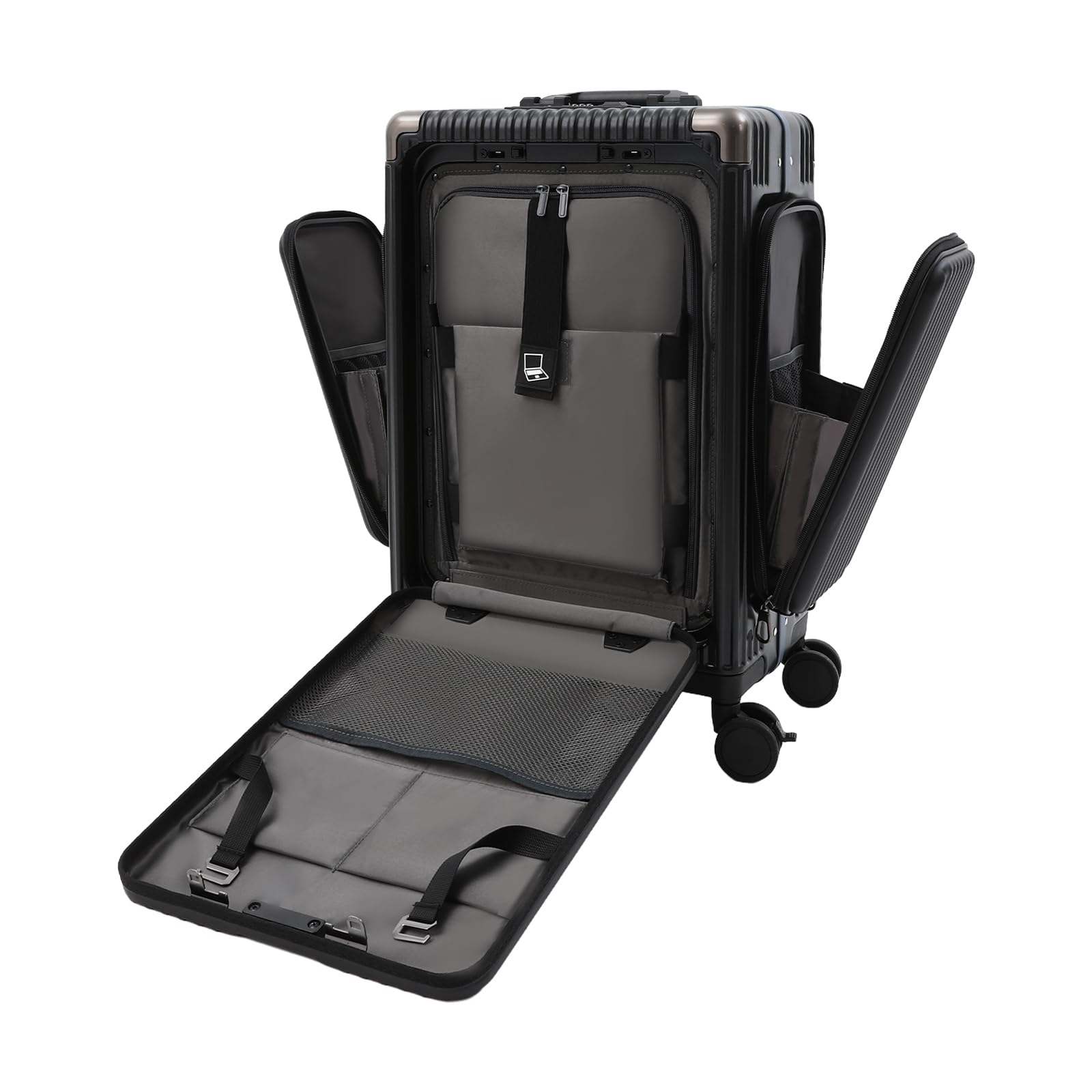Wielofunkcyjna walizka podróżna na kółkach, trzy otwory, z uchwytem na napoje, zamkiem szyfrowym, portami USB i typu C, nośność ok. 75 kg, czarny, 20 Zoll, Nowoczesny