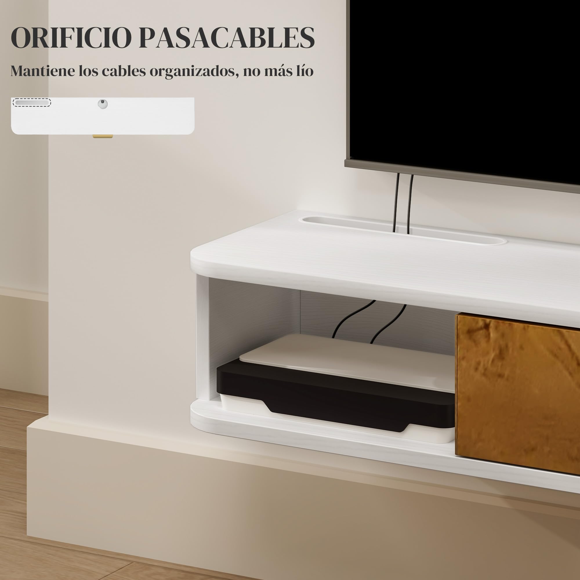 HOMCOM Conjunto de Muebles de Salón, Muebles de TV con Estante de Pared, Puerta, Estantes Abiertos, Orificios para Cables, para Televisión de Pared, 120x24x16 cm, Blanco